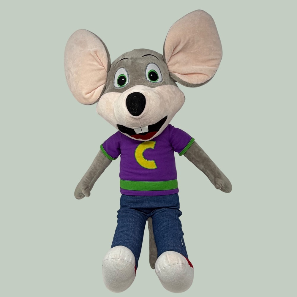 Chuck E Cheese Plush Stuffed Animal Mouse Mascot Purple Shirt Blue Jeans Toy